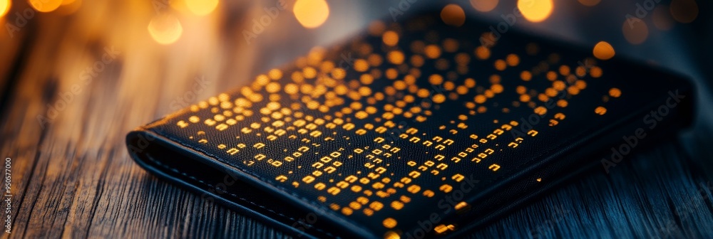 Aufkleber a sleek black leather wallet with a unique design featuring a pattern of golden binary code. it symb