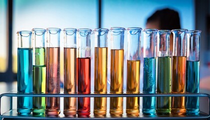 test tubes containing liquids of different colors during chemical reactions in a laboratory