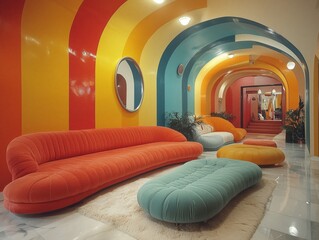 colourful 70s style interior design, generative ai