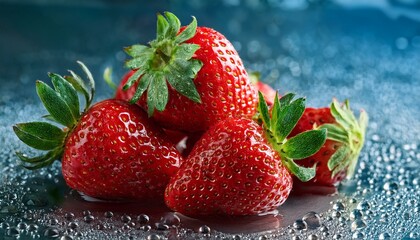 close-up of strawberries with water drops, highlighting the texture and juiciness of the fruit