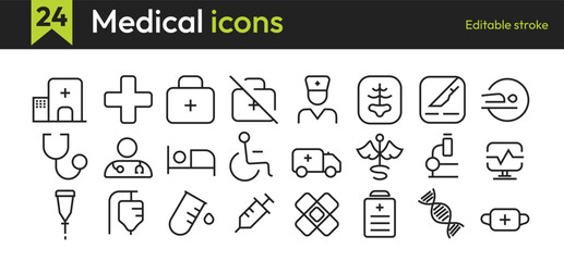 Set Medical and Healthcare web icons in line style. Medicine, RX, doctor, virus, testing, lab, scientific discovery, infographic collection. Vector illustration, set of medical and healthcare icons