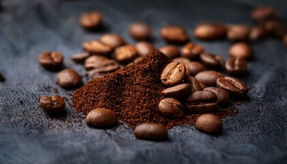 close-up of whole and ground coffee beans, showing texture and color details