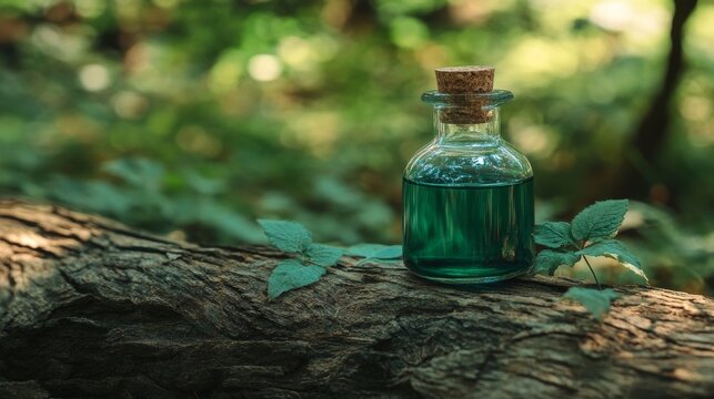 In the woods, a glass vial with green elixir sits on a fallen log. Herbal remedy concept.