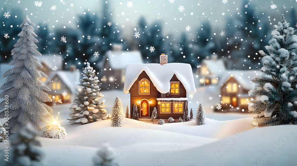 Wall mural chrismas festive celebrate greeting backgroun of joyful house with snow flake and pine tree xmas the