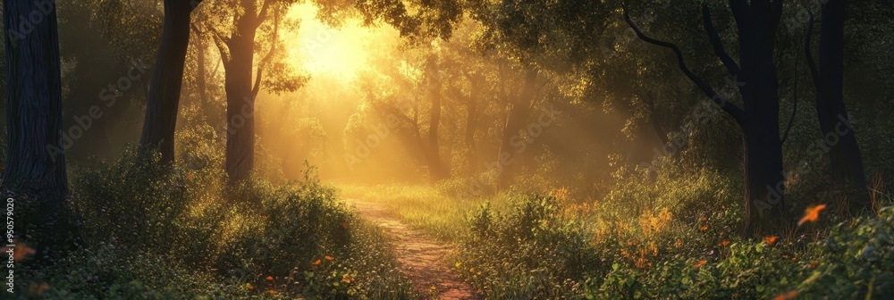 Poster a sunlit path winds through a dense forest, golden light filtering through the trees, creating a mag