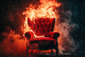 A red chair is shown burning wildly, sending out intense flames and thick smoke in a dark, ominous setting, creating a visually gripping and dramatic image.
