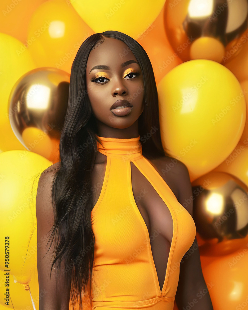 Wall mural African American woman has long hair, heavy glam makeup, 20 years old, birthday photo shoot, studio photography, wearing a short orange dress, yellow and bronze balloons