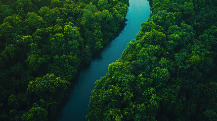 An aerial perspective of dense foliage with a winding river threading through, offering a glimpse into an untouched and serene forest ecosystem filled with diverse vegetation.