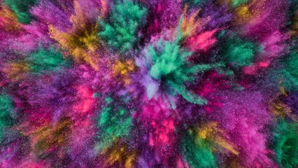 Colored powder explosion , top shot . Freeze motion.