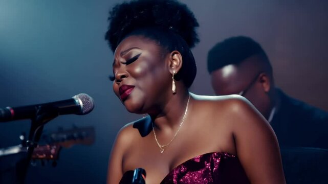 African American plus size jazz singer in red dress singing with microphone in dimly lit jazz club. She is wearing elegant red dress. Live band playing softly in shadow in background.