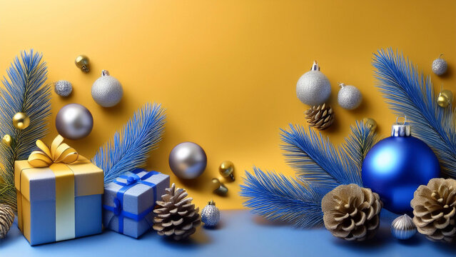 Cart&atilde;o de natal com presentes azuis, prata e dourado e pinhas em um fundo verde.