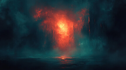 Obraz premium A dark, mysterious, and moody scene with a glowing orange light reflecting off a still body of water in the distance.