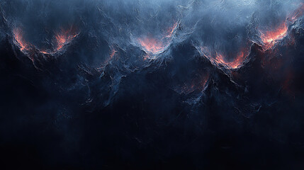 A dramatic, abstract image of fiery, glowing peaks emerging from a dark, cloudy background.