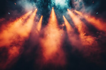 Concert stage with intense spotlights, light flares and smoke effects, highenergy rock concert vibe, vivid contrasts  ,