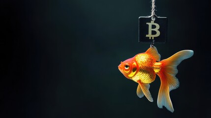 A colorful goldfish suspended from a fishing hook with the Bitcoin symbol against a dark background in a creative illustration