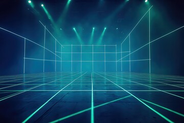 Obraz premium Laser grid light pattern on a dark stage, neon green and blue, sharp and modern concert vibe ,