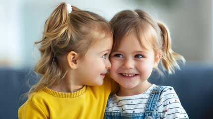 Two young girls, smiling and embracing, share a moment of joy and closeness. A warm and affectionate childhood scene.