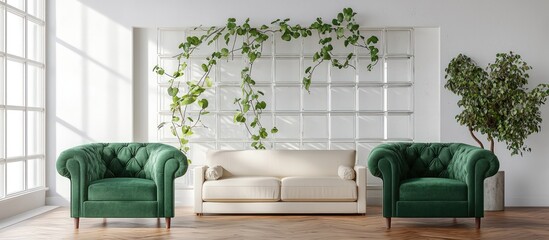 Green armchairs, cherry floor in a room with vines on white walls.