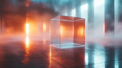 A glass cube sits in the center of a smoky, neon-lit room, surrounded by pillars and windows, creating a futuristic, mystical atmosphere.