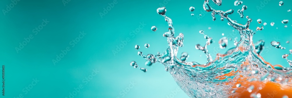 Poster a vibrant image of a water splash frozen in time, creating an abstract pattern against a bright blue