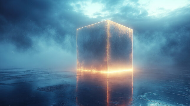 A glowing cube sits in a misty, ethereal landscape, reflecting off the water.