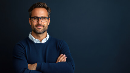 Obraz premium Portrait of a confident man with glasses and a beard, standing with folded arms against a dark background.