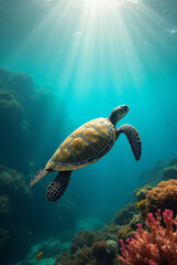 Meeresschildkr&ouml;te schwimmt &uuml;ber Korallenriff