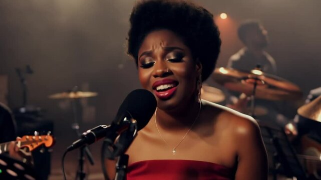 young plump black jazz singer in a red dress, singing with a microphone in a dimly lit jazz club. She is wearing an elegant red dress. A live band is playing quietly in the shadows in the background.