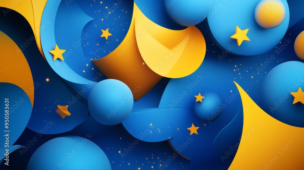 Poster an abstract 3d featuring vibrant blue and yellow shapes, reminiscent of a starry night sky. the dyna