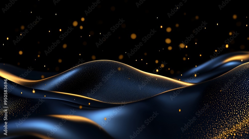 Poster an abstract digital art image with flowing waves of gold, blue, and black, creating a sense of movem