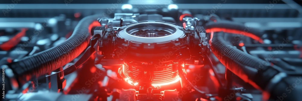 Poster an artistic representation of a high-performance car engine, illuminated with a vibrant red glow, sh