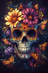 Day of the Dead, greeting banner, Mexican colorful skulls. Mexican, hispanic ceramic pottery Day of the Dead ,Dia de los Muertos, skulls