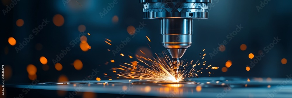 Poster close-up of a cnc machine drilling into a metal surface, creating a shower of sparks. the image symb