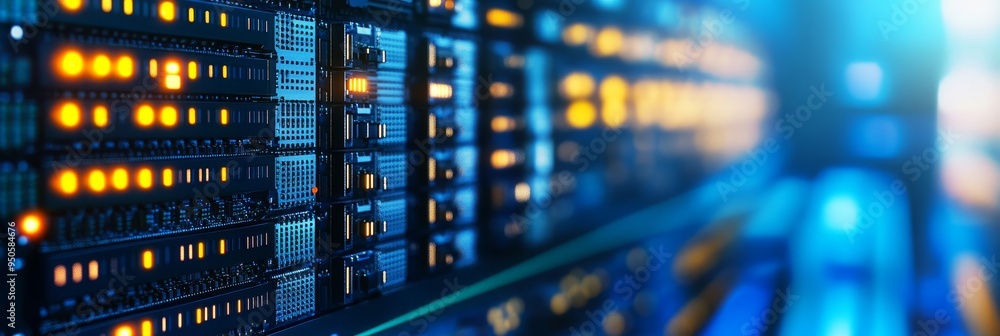Poster rows of microprocessors, the heart of modern data centers, glowing with power and processing informa