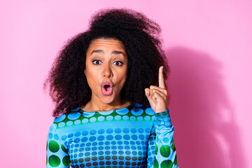 Photo portrait of attractive young woman finger point up eureka dressed stylish blue clothes...