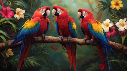 Obraz premium Three vibrant macaws are perched on a branch in a tropical rainforest setting. The birds are surrounded by lush foliage and colorful flowers, creating a sense of tranquility and beauty. The image symb