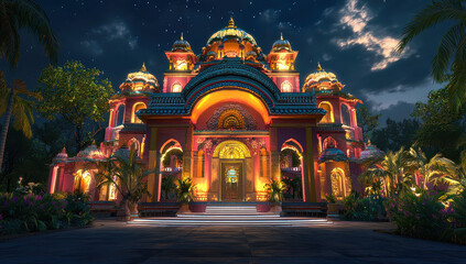 Obraz premium A beautifully lit, ornate building shines under the starry night sky, surrounded by lush green foliage, creating a captivating and serene atmosphere.