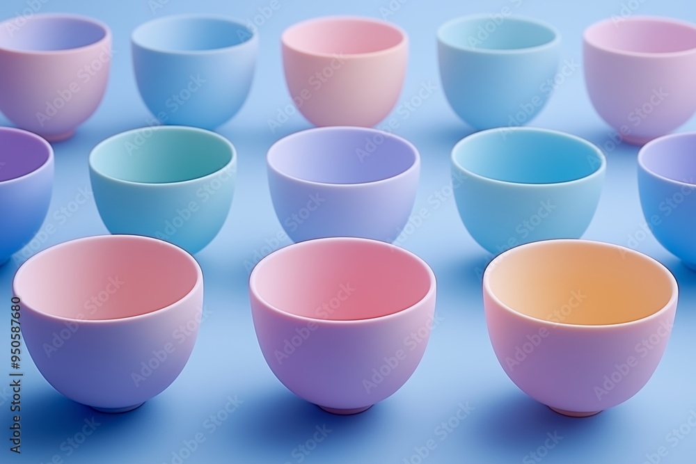 Poster a row of colorful bowls are lined up on a blue background. the bowls are of various sizes and colors