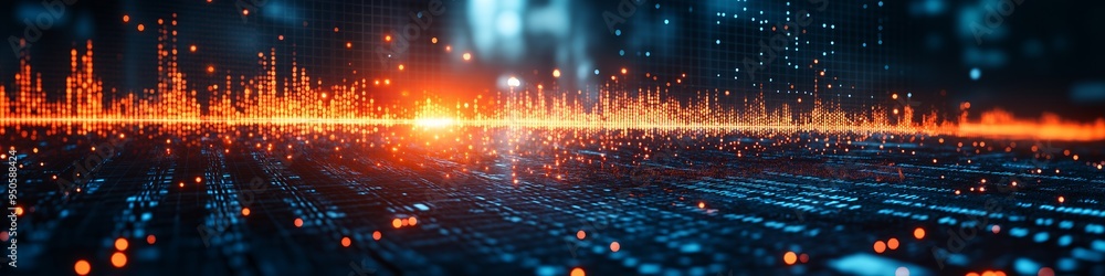 Poster a computer generated image of a cityscape with orange and blue lights. the image has a futuristic an