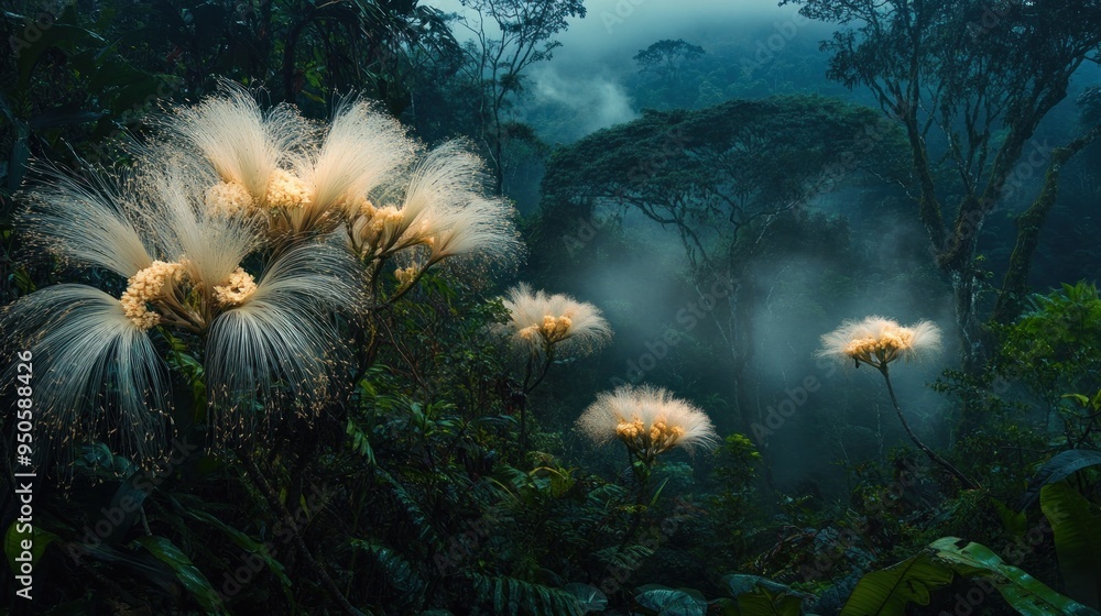 Poster White Flowers Blooming in a Misty Rainforest