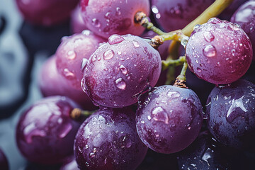 A close-up shot of fresh red grapes covered in dew, highlighting their freshness and natural vibrancy. Ideal for use in food and beverage sectors or health and wellness industries.