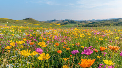 Fototapeta premium This picturesque image highlights an abundant meadow of wildflowers in full bloom set against the rolling green hills, creating a colorful and lively natural scene during daytime.