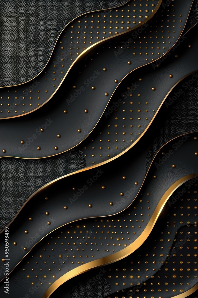 Poster the artwork displays dynamic black and gold waves with intricate patterns glimmering elegantly