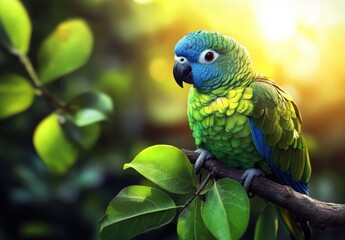 parakeet perched on a branch, its vibrant green feathers