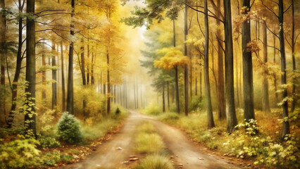 Fototapeta premium Idyllic forest path illustration in autumn with colorful foliage and serene atmosphere