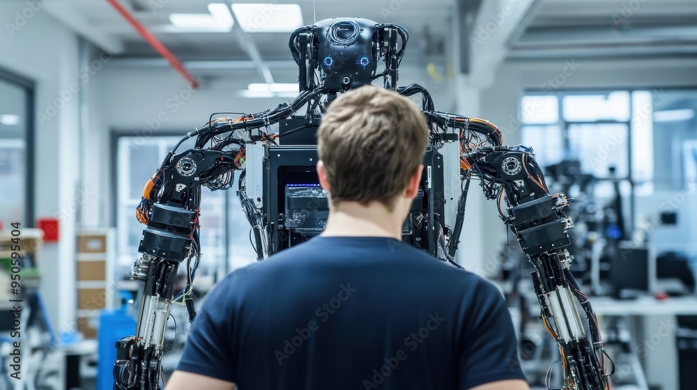 Poster futuristic robot arm towering over man in laboratory