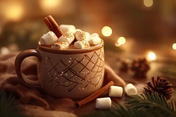 Warm Christmas background with a mug of hot cocoa, marshmallows, and a cinnamon stick