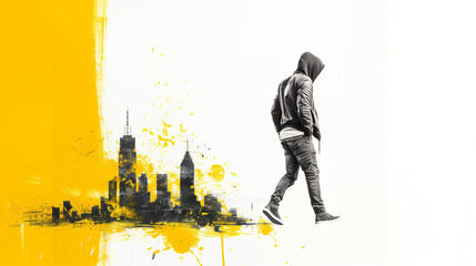 Person walking in urban lifestyle with a city skyline and artistic splash