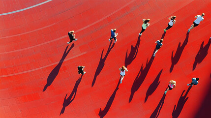 Athletes race on a vibrant red track with their shadows in tow