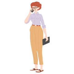 Middle-aged modern businesswoman in glasses holding tablet and making phone call. Vector illustration.